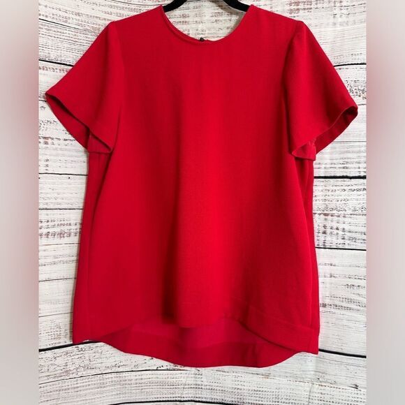 Madewell Top womens Sz Large Red chiffon Blouse tailored High low Woven Preppy - Picture 1 of 10